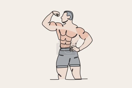 Illustration for Colored illustration of an athlete showing his muscles. Bodybuilding one-line drawing - Royalty Free Image