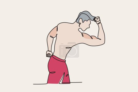 Illustration for Color illustration of a man showing his biceps. Bodybuilding one-line drawing - Royalty Free Image