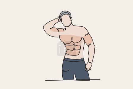 Illustration for Colorful illustration of a man posing showing his muscles. Bodybuilding one-line drawing - Royalty Free Image