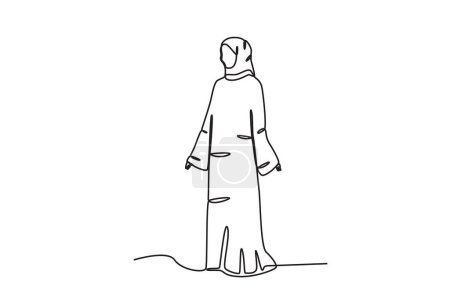 Illustration for A woman wears an abaya happily. Abaya one-line drawing - Royalty Free Image