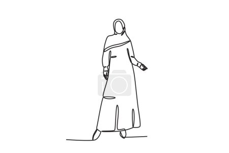 Illustration for A woman standing wearing an abaya. Abaya one-line drawing - Royalty Free Image