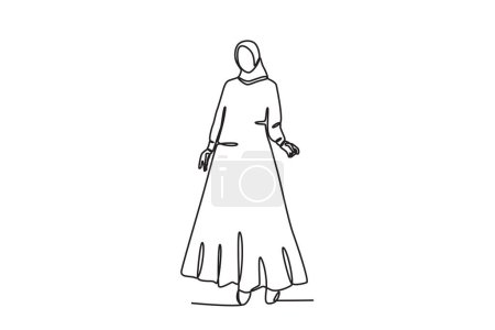 Illustration for A stylish woman wearing a beautiful abaya. Abaya one-line drawing - Royalty Free Image