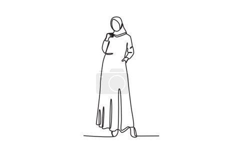Illustration for A girl wearing an abaya while posing gracefully. Abaya one-line drawing - Royalty Free Image