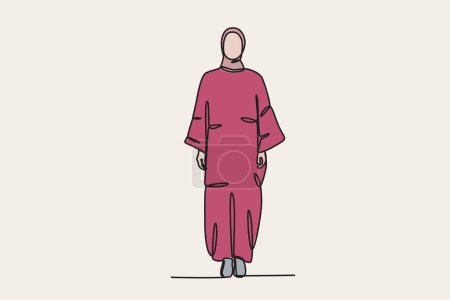 Illustration for Color illustration of a girl wearing a beautiful abaya. Abaya one-line drawing - Royalty Free Image