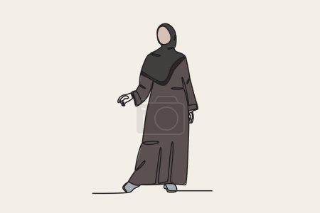 Illustration for Color illustration of a woman wearing an abaya while posing. Abaya one-line drawing - Royalty Free Image