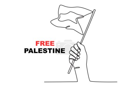 Ilustración de Una mano sosteniendo una pequeña bandera palestina. Palestina solidaridad dibujo de una línea - Imagen libre de derechos