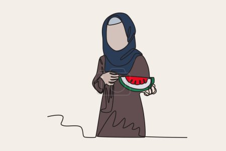 Ilustración de Ilustración a color de una niña sosteniendo una sandía. Palestina solidaridad dibujo de una línea - Imagen libre de derechos