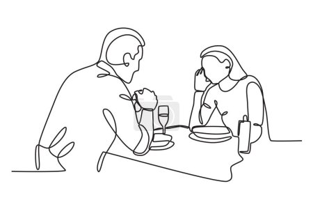 Téléchargez les illustrations : Les amoureux parlent romantiquement au dîner. Dîner aux chandelles dessin d'une ligne - en licence libre de droit