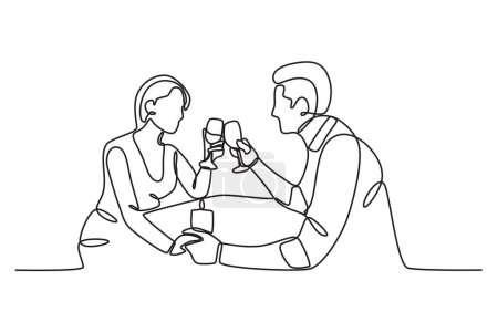 Téléchargez les illustrations : Vue latérale des amoureux qui dînent. Dîner aux chandelles dessin d'une ligne - en licence libre de droit
