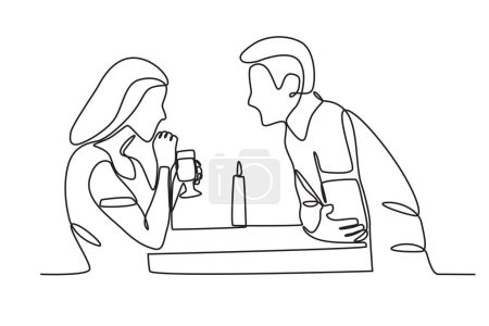 Téléchargez les illustrations : Un homme regarde sa copine boire. Dîner aux chandelles dessin d'une ligne - en licence libre de droit