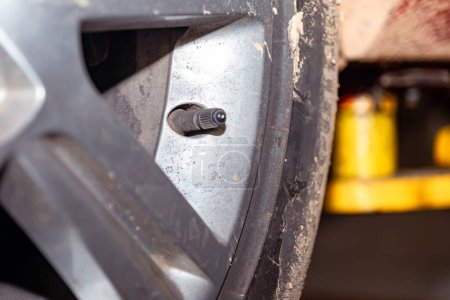 Foto de Esta imagen muestra un primer plano de la válvula de neumático de un automóvil. La válvula está hecha de metal y tiene una tapa de goma - Imagen libre de derechos