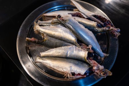 Photo for Plump, glistening sardines rest on a stainless steel tray, - Royalty Free Image