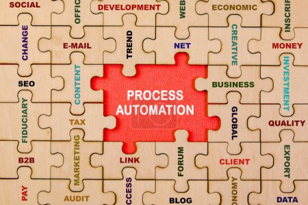 Interconnected puzzle pieces coming together to form the words "Process Automation," symbolizing increased efficiency
