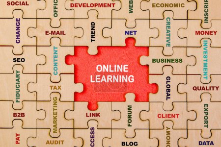 las piezas del rompecabezas forman las palabras "aprendizaje en línea", que simbolizan la naturaleza colaborativa e interactiva del e-learning.