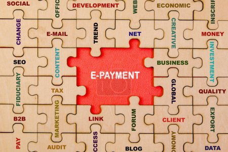 This image illustrates the concept of e-payments, where the jigsaw puzzle pieces represent different aspects of digital transactions