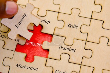 This image depicts the concept of internship recruitment as a jigsaw puzzle