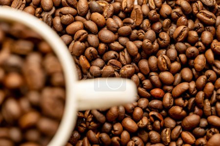 This image is about A white mug brims with aromatic coffee beans