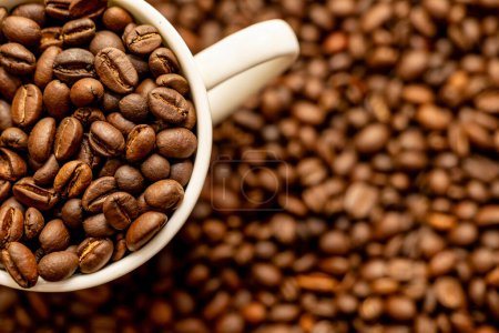 Ein weißer Becher strotzt vor aromatischen Kaffeebohnen, die an die Essenz eines frischen Morgengebräus erinnern.