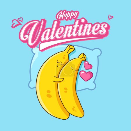 Illustrazione per L 'illustrazione della banana di San Valentino raffigura un colore giallo, che implica un sincero affetto. La banana è impreziosita da una cartolina a forma di cuore che recita "Buon San Valentino".", - Immagini Royalty Free