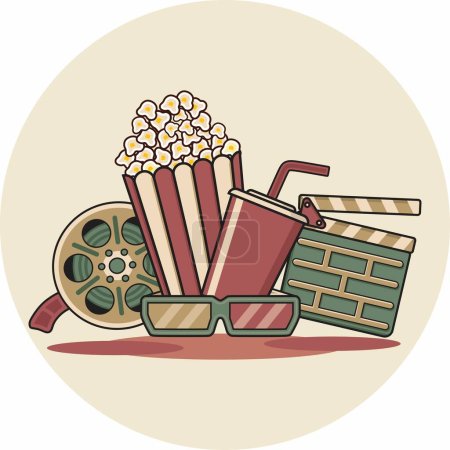 This illustration consists of images of popcorn, drinks, movies, and movies in vector format. Vector popcorn symbolizes snacks that are usually enjoyed while watching movies.