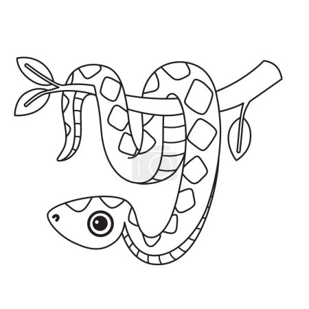 Lächelnde Boa hängt an einem Ast. Vector Malbuch Seite. Nette Schlange Illustration isoliert auf einem weißen Hintergrund