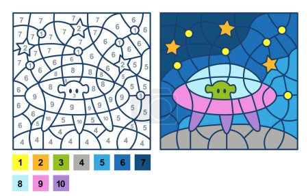 Vector coloring book page, Puzzle game, Color by number UFO alien