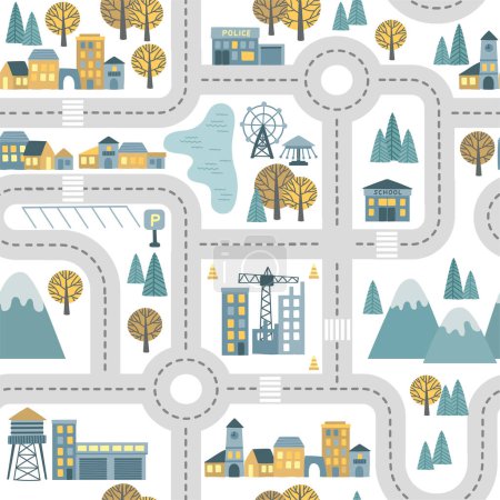 Illustration for Childrens map road seamless pattern. Vector cartoon illustration of children's mat for road play. City adventure map with mountains, wood, lake, building and construction site - Royalty Free Image