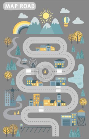 Childrens map road construction. Vector cartoon illustration of children's mat for road play. City adventure map with mountains, wood, lake, building and construction site