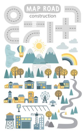 Illustration for Set of segments for Childrens map road creator. Vector illustration of roads, mountains, wood, lake, building and construction site. Design for a kids game, poster for nursery decor - Royalty Free Image