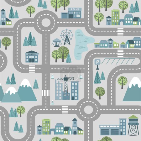 Childrens map road seamless pattern. Vector cartoon illustration of childrens mat for road play. City adventure map with mountains, wood, lake, building and construction site