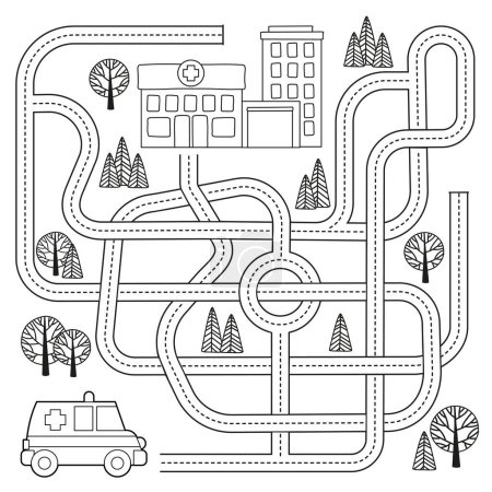 Vector maze game for kids with vehicles and tangled road. Labyrinth Help the ambulance car to reach the hospital