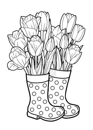 Téléchargez les illustrations : Livre de coloriage vectoriel pour adultes. Un bouquet de tulipes se tient dans des bottes en caoutchouc au lieu d'un vase. Illustration noir et blanc - en licence libre de droit
