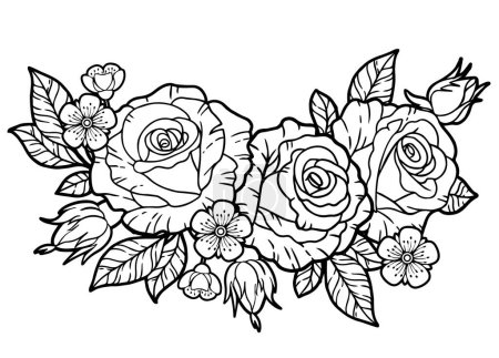 Illustration for Bouquet and borders of rose and cherry flowers, branches and leaves. Vector Coloring book for adults, elements for packaging design of cosmetics, medicine, tea, invitetion and cards - Royalty Free Image