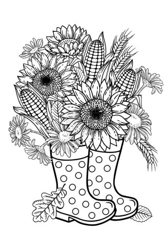 Vector coloring book page for adults. A bouquet of chamomiles, corn, sunflowers, stands in rubber boots instead of a vase. Black and white illustration