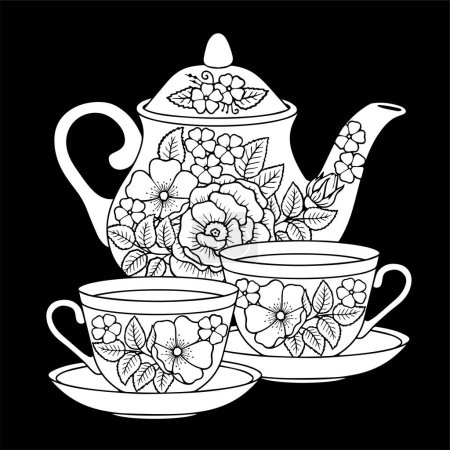 Illustration for Vector coloring book page for adult. Black and white illustration of Tea service with an elegant floral ornament. Cup and teapot on black background - Royalty Free Image