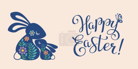 Téléchargez les illustrations : Vector banner with calligraphy text Happy easter and silhouette of a rabbit family among flowers with butterfly. Illustration of mom and baby rabbit for laser cut, card, banner, invitation - en licence libre de droit