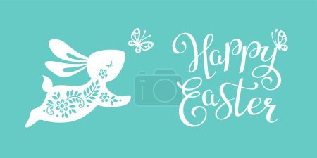 Illustration for Beautiful banner with calligraphy text Happy easter and silhouette of cute bunny. Vector illustration of hare, bunny, rabbit among flowers with butterfly for laser cut, card, banner, invitation - Royalty Free Image