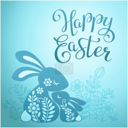 Ilustración de Vector banner with calligraphy text Happy easter and silhouette of a rabbit family among flowers with butterfly. Illustration of mom and baby rabbit for laser cut, card, banner, invitation - Imagen libre de derechos