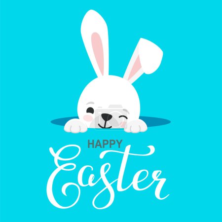 Ilustración de Card with calligraphy text Happy Easter and cute bunny looks out of the hole. Vector illustration of hare, bunny, rabbit for card, banner, invitation - Imagen libre de derechos