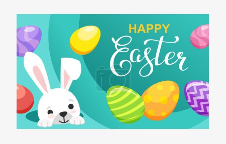 Téléchargez les illustrations : Card with calligraphy text Happy easter and cute bunny looks out of the hole. Vector illustration of hare, bunny, rabbit for card, banner, invitation - en licence libre de droit