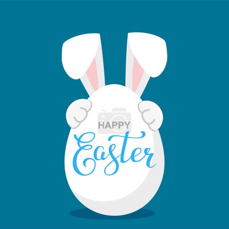 Illustration for Bunny hold big egg with calligraphy text Happy Easter. Vector illustration of hare, bunny, rabbit for card, banner, invitation - Royalty Free Image
