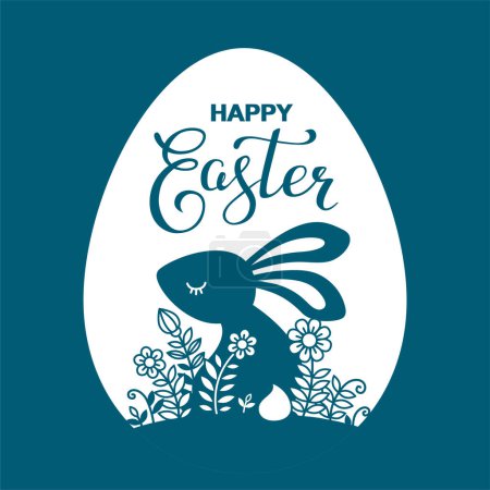 Illustration for Vector silhouette illustration with bunny and flowers. Beautiful card, background with Happy easter lettering - Royalty Free Image