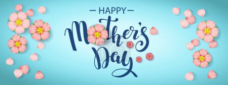 Ilustración de Horizontal banner with text message With Happy Mother's day and cherry flowers. Hand drawn vector lettering for banner, background, card - Imagen libre de derechos
