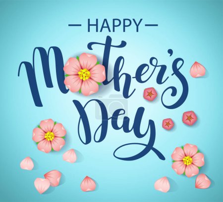 Illustration for Horizontal banner with text message With Happy Mothers day and cherry flowers. Hand drawn vector lettering for banner, background, card - Royalty Free Image