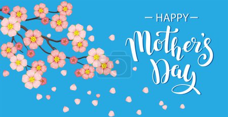 Illustration for Horizontal banner with text message Happy Mother's day and cherry flowers branch. Hand drawn vector lettering for banner, background, card - Royalty Free Image