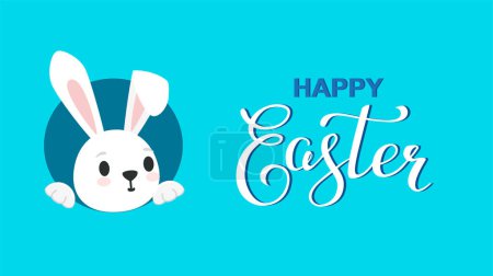 Illustration for Card with calligraphy text Happy Easter and cute bunny looks out of the hole. Vector illustration of hare, bunny, rabbit for card, banner, invitation - Royalty Free Image