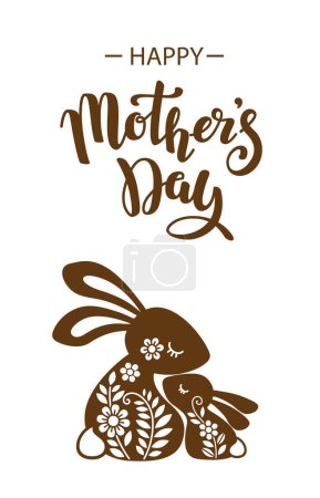 Téléchargez les illustrations : Vector illustration of bunnies family and calligraphic text Happy Mothers day. Vertical banner, background for card - en licence libre de droit
