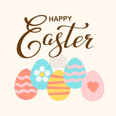 Ilustración de Vector dibujado a mano silueta de huevos de Pascua y letras feliz Pascua. Fondo con mensaje de texto para banner, tarjeta, diseño vintage de Pascua - Imagen libre de derechos