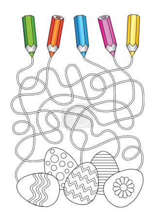 Téléchargez les illustrations : Coloriage vectoriel page de livre. Labyrinthe jeu pour les enfants, trouver le bon chemin pour les œufs de Pâques - en licence libre de droit