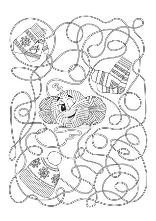 Illustration for Vector coloring book page. Labyrinth game for children, intertwined balls of yarn - Royalty Free Image